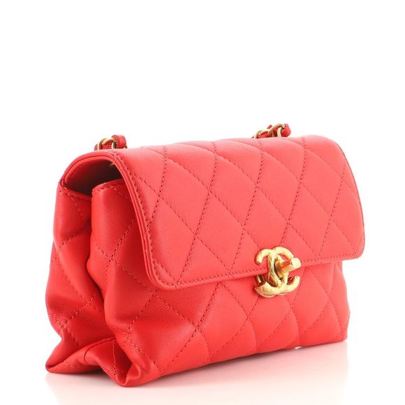 Chanel Chain Bar Top Handle Flap Bag Quilted Calfskin Mini Red - Picture 3 of 10